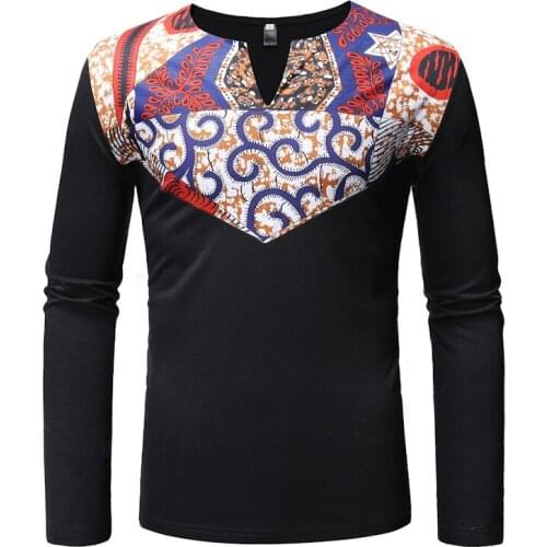 Mens V Neck Africak Dashiki Print Dress T Shirts Nice Fashion Long Sleeve Tee Shirt Homme Streetwear Casual Men African Clothes