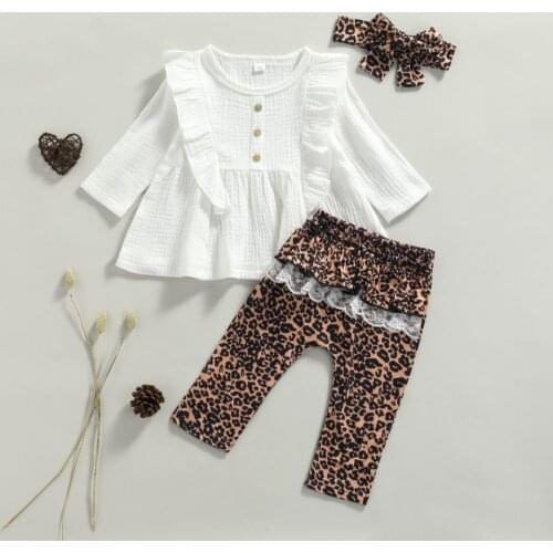 Fall Spring Baby Girl Sweety Clothes Long Sleeve Button Front Ruffle Shirt Tops Leopard Pants Headband Set Cotton Babys Sets