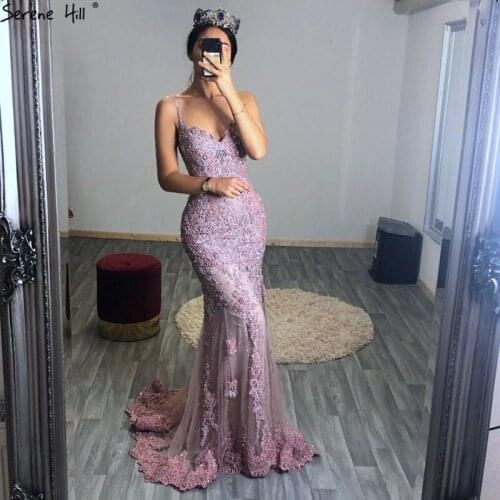 Pink Sexy Elegant Evening Dresses 2020 Lace Pears Diamond Mermaid Formal Evening Dress Real Photo DLA6355
