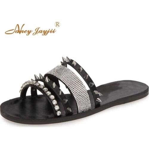 Black Brown Crystal Rivets Flat Beach Slippers Woman Outside Slides Ladies Summer Shoes Footwear Large Size 33 39 Fashion Casual