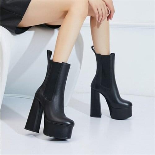 PXELENA Luxury Natural Genuine Leather Chelsea Ankle Boots Women Plus Size 34-41 Block Super High Heels Party Office Lady Shoes