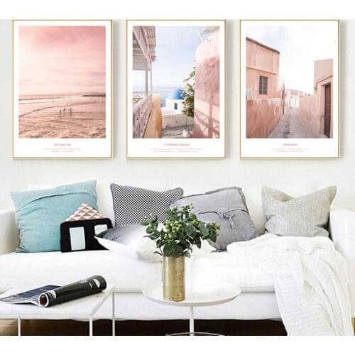 Pink Santorini Beach Landscape Painting Abstract Wall Art Picture Canvas Painting Nordic Poster for Living Room Aisle Decoration
