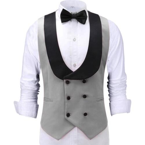 Silver Grey Casual Mens Waiter Vest Slim Fit Prom Double Breasted Blazer Champagne Suits Waistcoat For Wedding Best Man Grooms