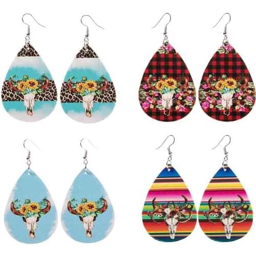 Serape Red Buffalo Plaid Leather Sunflower Earrings Western Cowboys Leopard Printed Bull Stud Earrings