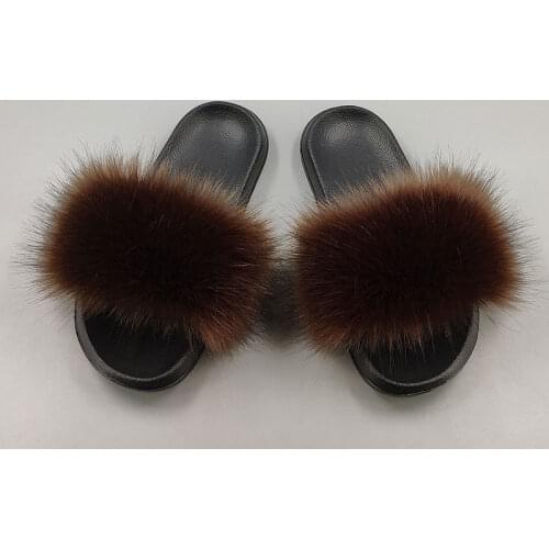 15 Colors Fake Fox Fur Slippers Large Size Summer Open Toe Fluffy Fake Fur Slippers Casual Black Slippers Furry Shoes