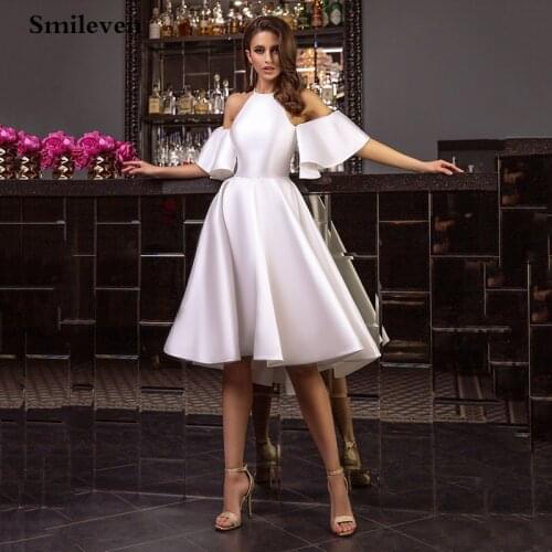Smileven Sinple And Clean Satin Short Wedding Dresses A Line Elegant Halter Knee Length Bride Dress Vestido De Noiva