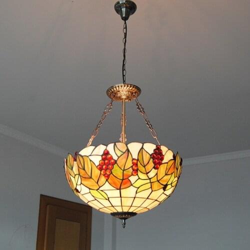 Mediterranean Tiffany Style Grape Vine Pattern Flush Mount Light E26/E27 Bulbs Vintage Stained Glass Hanging Lamp Lighting PL745