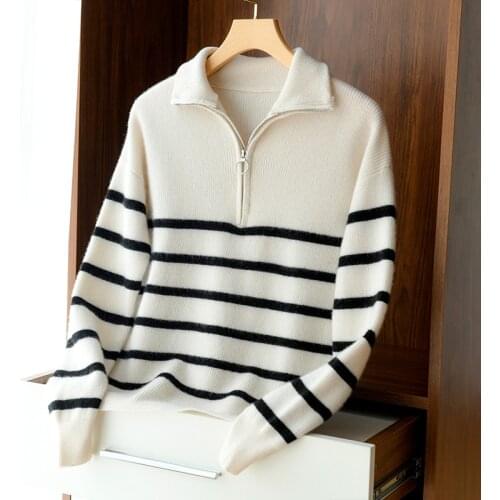 Zocept Sweater Women 2021 Fashion Striped Loose Zipper Knitting 100% Pure Wool Sweaters Vintage Long Sleeve Female Pullover Tops
