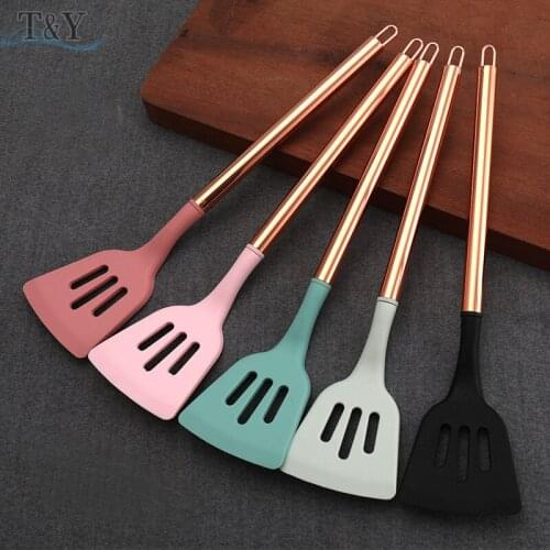 T&Y 1pc Food Grade Silicone Slotted Turner with Rose Good Comfortable Handle, Nonstick Kitchen Utensil Tool Slotted Spatula