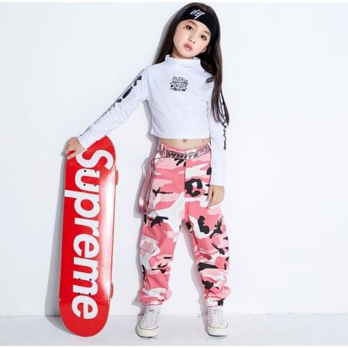 Jazz Dance Costumes For Girls Children Hip Hop Costume Kids Clothing Dancing White Top Pink Camo Pants Stage Dancewear