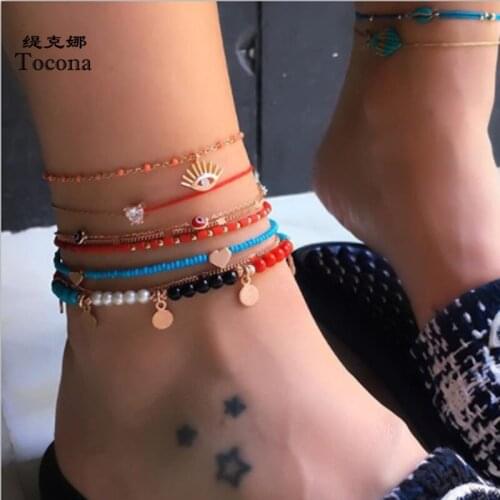 Tocona 6pcs/set Coloful Handmade Beaded Anklet for Women Adjustable Heart Shiny Crystal Stone Rope Leg Foot Chain Jewelry 8838