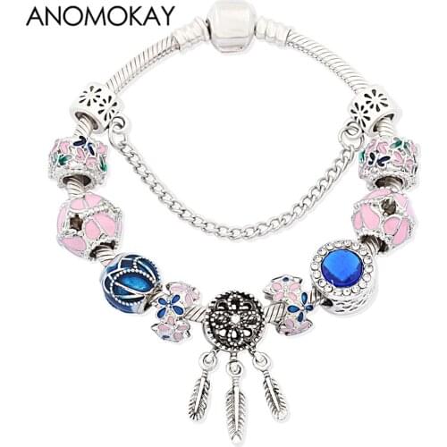 Spring Series Colorful Bloom Flowers Charm Bracelet for Women Girl Gift Dream Catcher Bead Bracelet Dark Blue Crystal Bracelet