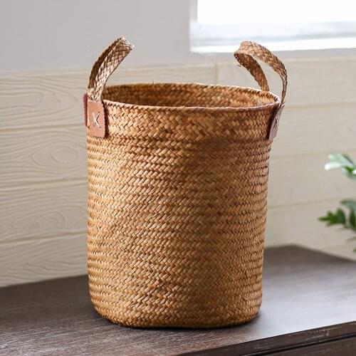 Japanese Straw Knitting Storage Bucket Household Woven Laundry Bucket with Two Ears Straw Knitting Storage Basket