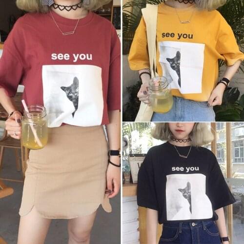 Womens Printed T-Shirt Female Short-Sleeved Simple Korean Tops