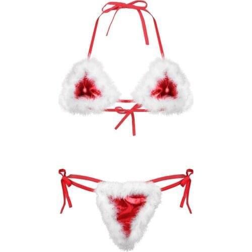 Womens Ladies Christmas Fancy Costumes Santa Bikini Exotic Lingerie Set White Feather Trimmed Tie-on Bra Top and G-string Briefs