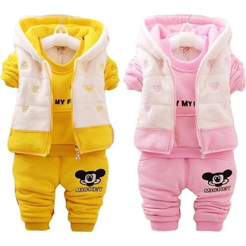 2021 Winter Baby Girls Boys Cartoon Mickey Mouse Clothing Sets Toddler Kids Thick Warm Woolen Vest Jackets+Coat+Pants 3Pcs Suits