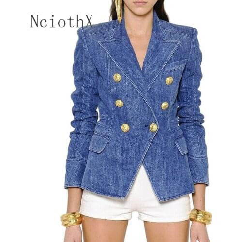 High Quelity New Fashion Designer Blazer Jacket Womens Metal Lion Buttons Double Breasted Denim Blazer Outer Coat New
