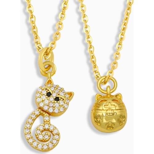 FLOLA Cute Cat Pendant Necklace For Women Kids Girl Gold vermeil Animal Necklace CZ Pave Cubic Zirconia Wholesale Jewelry nkeu21