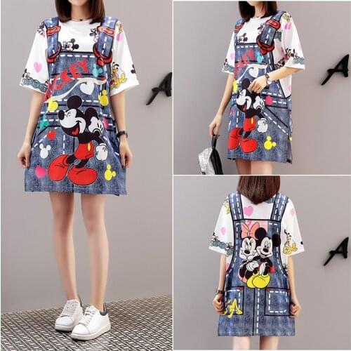 Spring Summer Disney Cartoon Mickey Mouse T-shirt Womens Plus Size Korean Harajuku Strap Dress Print Fake Two Pieces Fashion Top