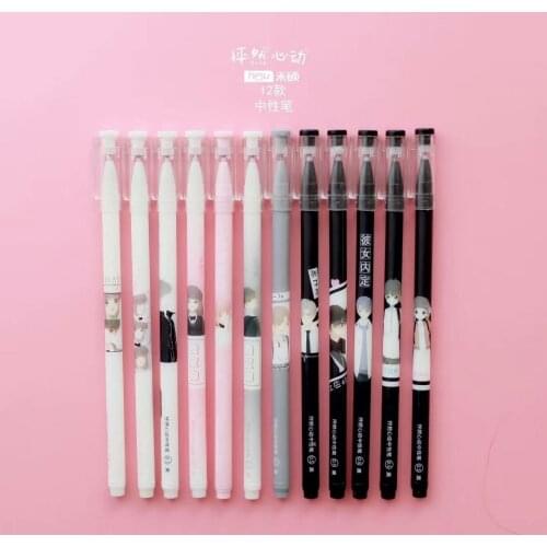 4 pcs Gel Pens Cartoon Kawaii Heartbeat black colored gel-inkpens for writing Cute stationery office school supplies