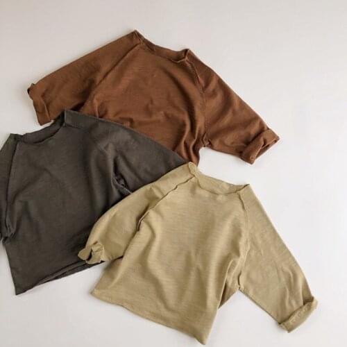 Korean Style Autumn Baby Boys Girls Pure Color T-shirt Childrens Cotton Pullover Spring Baby Boys Girls Long Sleeve T-shirt