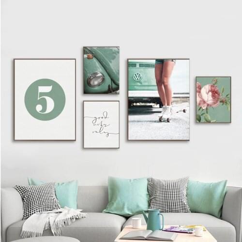 Summer Theme Poster Camper Flower Skateboard Teal Photography Art Print Gallery Wall Art Canvas Painting Picture Dorm Home Decor