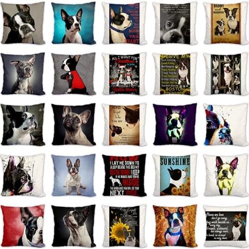 Boston Terrier Poster Dog Cushion Covers Animals Painting Linen Decorative Pillow Covers Bedroom Sofa Home Decoration 45X45cm