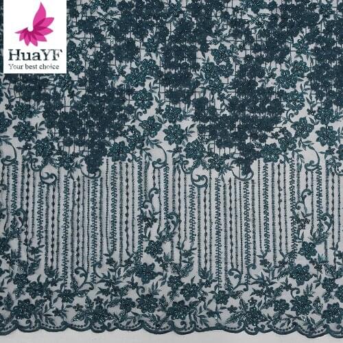 New French Green 3d Flower Beaded Lace Sequence Chiffon Applique Wedding Dress Fabric HY1270-3
