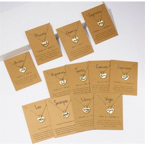 Zodiac Sign Heart Pendant Necklace For Women Gold Color Chain Constellation Star Choker Necklaces Friendship Wish Card Jewelry