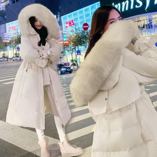 Down Jacket Womens Mid-Length over-the-Knee 2020 Winter New Slim Big Fur Collar White Duck down Padded Jacket