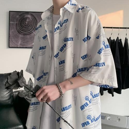 Loose Oversized Summer Arrival Men Shirts Silk Thin Section Trend Handsome Casual Loose Hong Kong Style All-match Shirt Printed