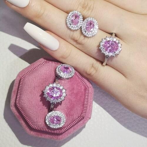 925 Sterling Silver cushion cut zircon Jewelry set Engagement ring stud earring for women gift J4944-pink