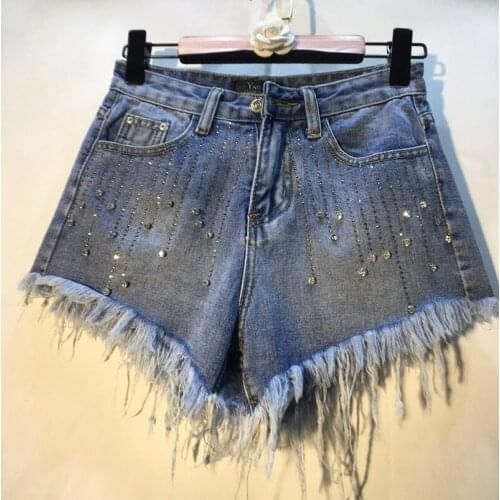Shorts Feminino Special Offer Cotton Casual 2019 Summer Shorts Heavy Work Beaded Hot Drilling High Waist Tassel Wide Leg Female