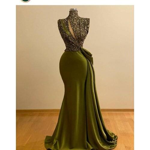 2021 Green Crystal Beaded Vintage Mermaid Prom Dresses High Neck Evening Gown Saudi Arabic Long Formal Party Gown فساتين السهرة