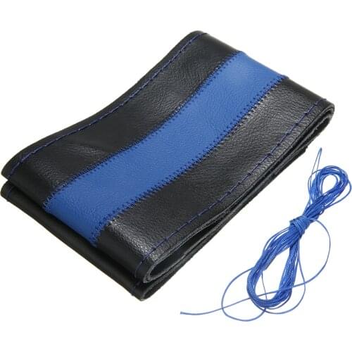 1PC Genuine Leather DIY Car Steering Wheel Cover 37-38CM Outside W/ Needles Thread Black+Blue For Auto Interior Decoration