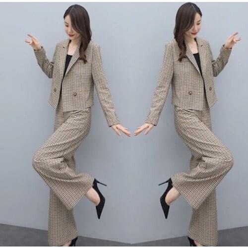 High-quality plaid women' autumn new temperament was thin short suit suit temperament fashion casual wide-leg trousers two-piece