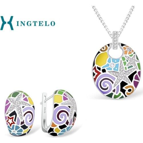 XINGTELO Colorful Enamel White CZ 925 Sterling Silver Earrings Pendant and Chain Set Romantic Wedding Jewelry Bridal Accessories