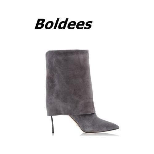 Design Winter Automn Grey Suede Pointed Toe Short Boots Classy Women Metal Thin High Heel Ankle Boots Free Shipping