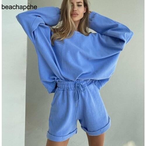 Beachapche Solid color loose womens two piece Casual long sleeve lace up womens suit Home casual sports suit autumn winter