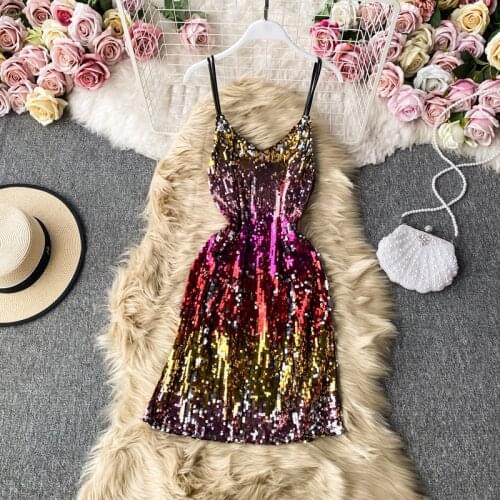 Women Sequined Dress Chic Sexy night club Strap Dress Summer Super Shiny Sleeveless O-neck Summer Beach Dress Ins Hot SP061