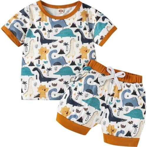 2021 Toddler Baby 2Pcs Clothes Set, Short Sleeve Dinosaur Print T-Shirt + Elastic Waist Shorts Set