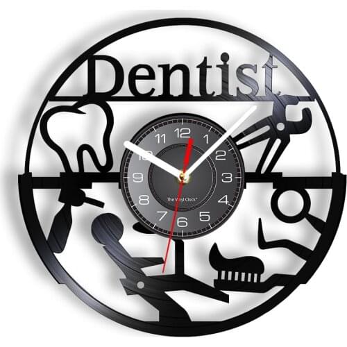 Dental Clinic Decorative Wall Clock Dental Devices Dentists' Tools Cut Out Longplay Wall Watch Carved Retro Vinyl Record Artwork