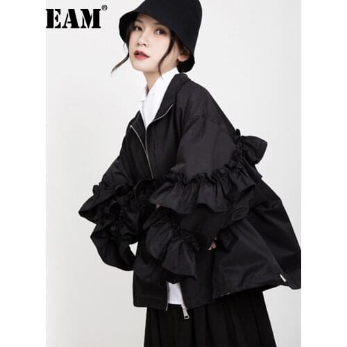 [EAM] Loose Fit Black Ruffles Stitch Big Size Jacket New Lapel Long Sleeve Women Coat Fashion Tide Spring Autumn 2021 1B894