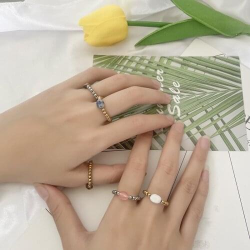 Healing Natural Stone Ring with Stainless Steel Beads Pearl Opal Lapis Lazuli Crystal Jewelry Elastic Rope Beaded Ring Wholesale