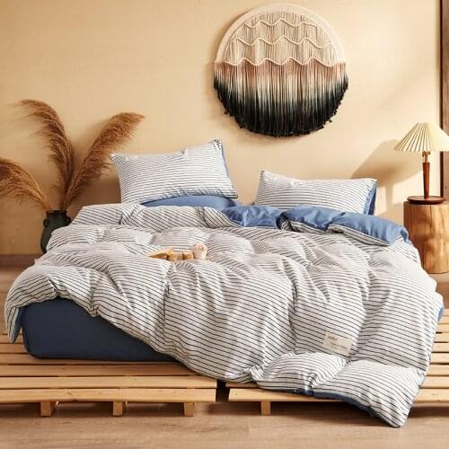 4pcs Blue Striped Bedding Set Printed Bed Sheet Flat Sheet Bed Skirt Bed Spread Bed Cover Quilt Cover King Queen Twin Size