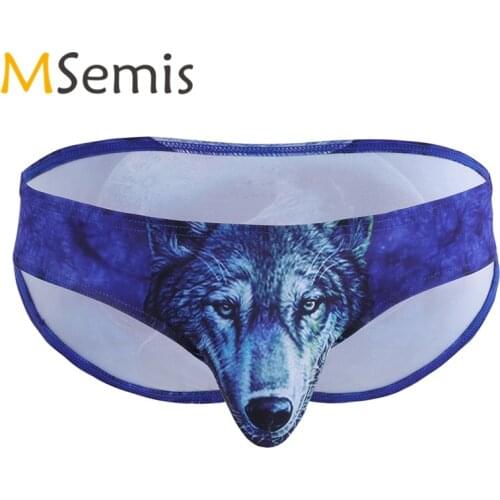 Swimwear Mens Swimsuit Lingerie Underwear Wolf/Leopard Printing Bulge Pouch Bikini Briefs Shorts Male Panties Swimming Suit