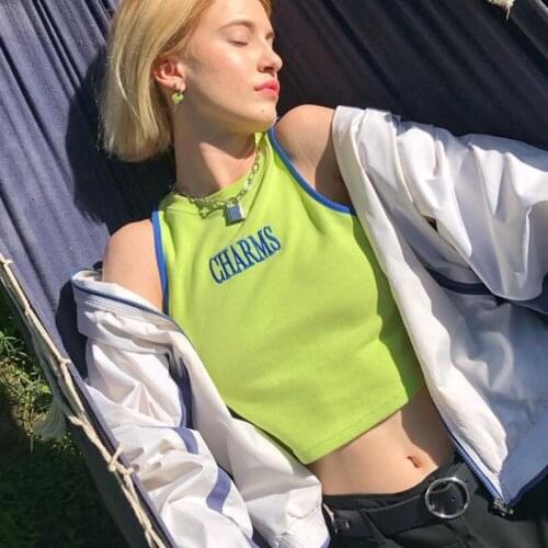 Fashion Tank Streetwear Green Color Charms Embroidery Round Neck Sexy Vest Sexy Y2k Tops Casual None Sleeve Short Tops Summer