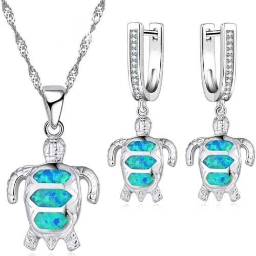 Fashion Cute Sea Turtle Accessories Set For Women Imitation Blue Fire Opal Pendant Necklace Earrings Women Wedding Jewelry
