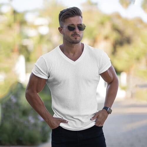 Men V Neck Short Sleeve Knitted Tshirt Sports Slim Fit Tee Shirt
