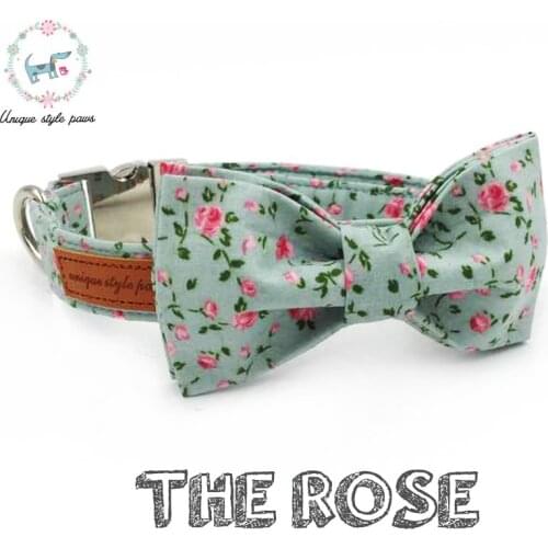 Unique Style Paws Green Pretty Rose Collar with Bow Tie Metal Buckle Cotton Fabric Dog Cat Necklace Pet Accessaries
